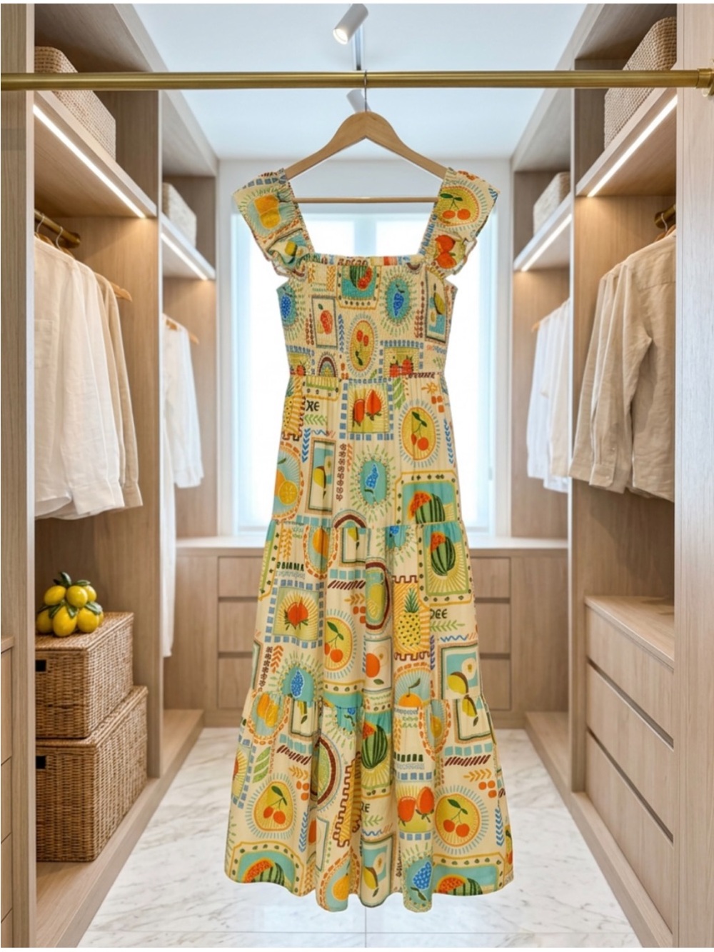 NWT ~ Avara Farm Rio Look Sunny Tile-Print MIDI Dress in Cream ~ Size L